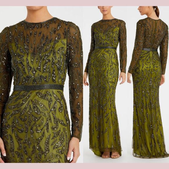 NWT Mac Duggal [ 18 ] 5124‎ Beaded Long Sleeve Evening Gown in Olive Green - Picture 1 of 16